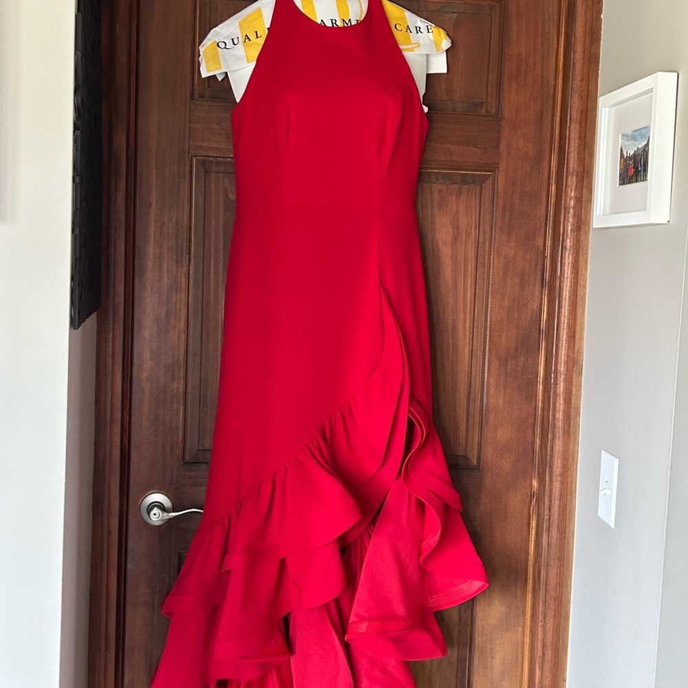 Elegant Betsy Adam’s Red Halter Dress